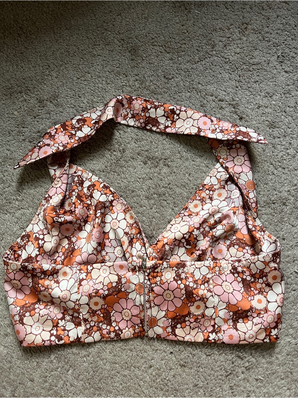 Floral Halter Tie-Front Crop Top in Brown & Pink - Picture 5 of 8
